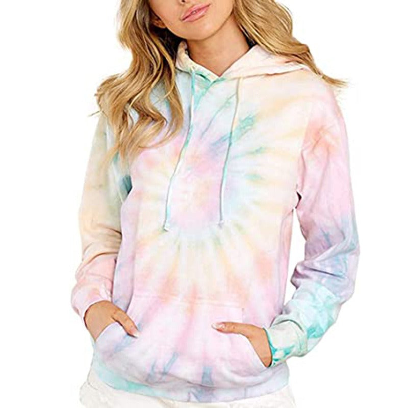 Europe and America Spring, Autumn and Winter New Women's Top Tie Dyed Hooded Long Sleeve Pocket Guards