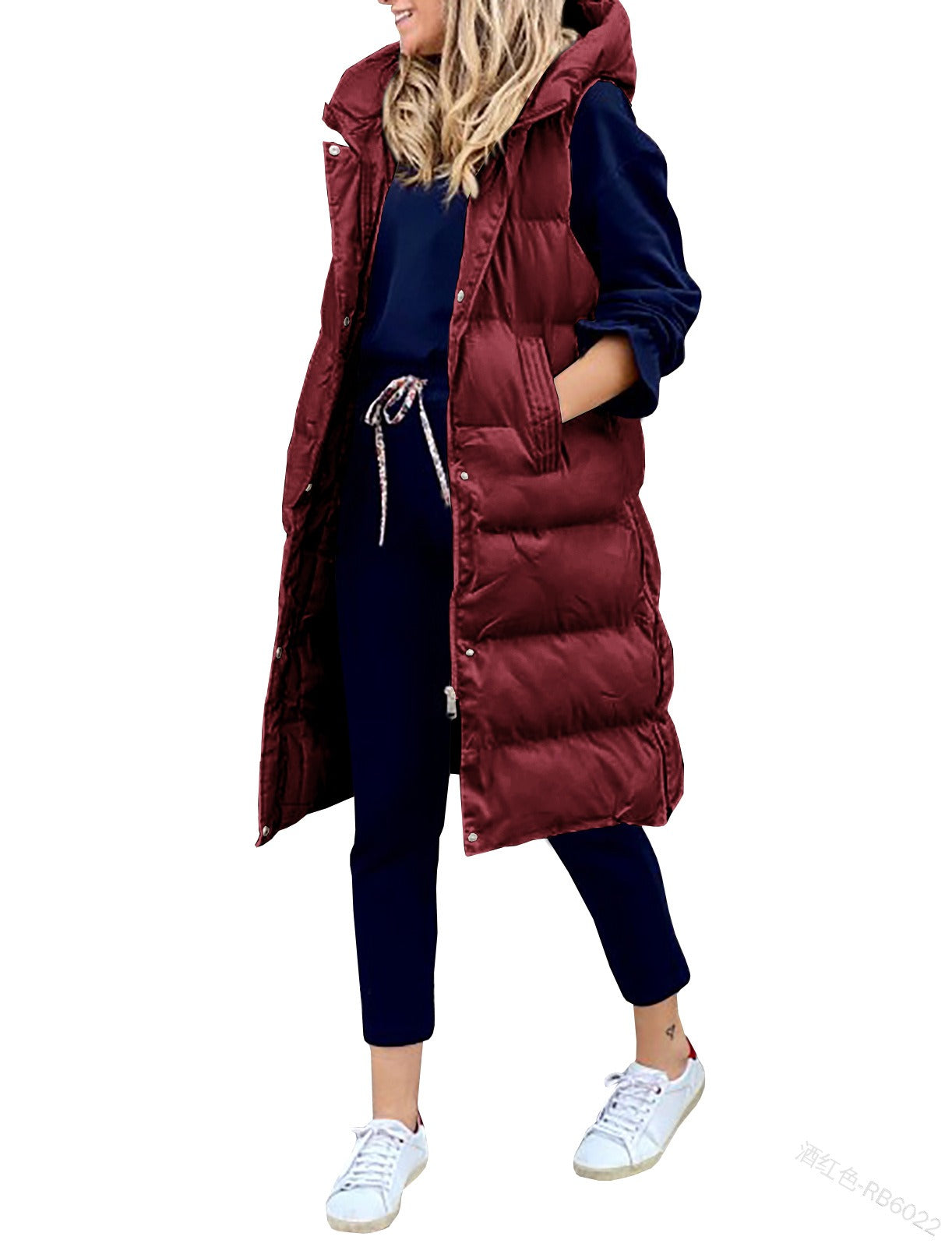 Solid Hooded Long Cotton Vest Casual Fashion Single Breasted Sleeveless Coat Women