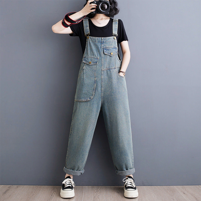 Spring Summer Vintage Jeans Jumpsuits Women Loose Wide Leg Rompers Womens Retro Long Denim Jumpsuit Ladies Front Pockets