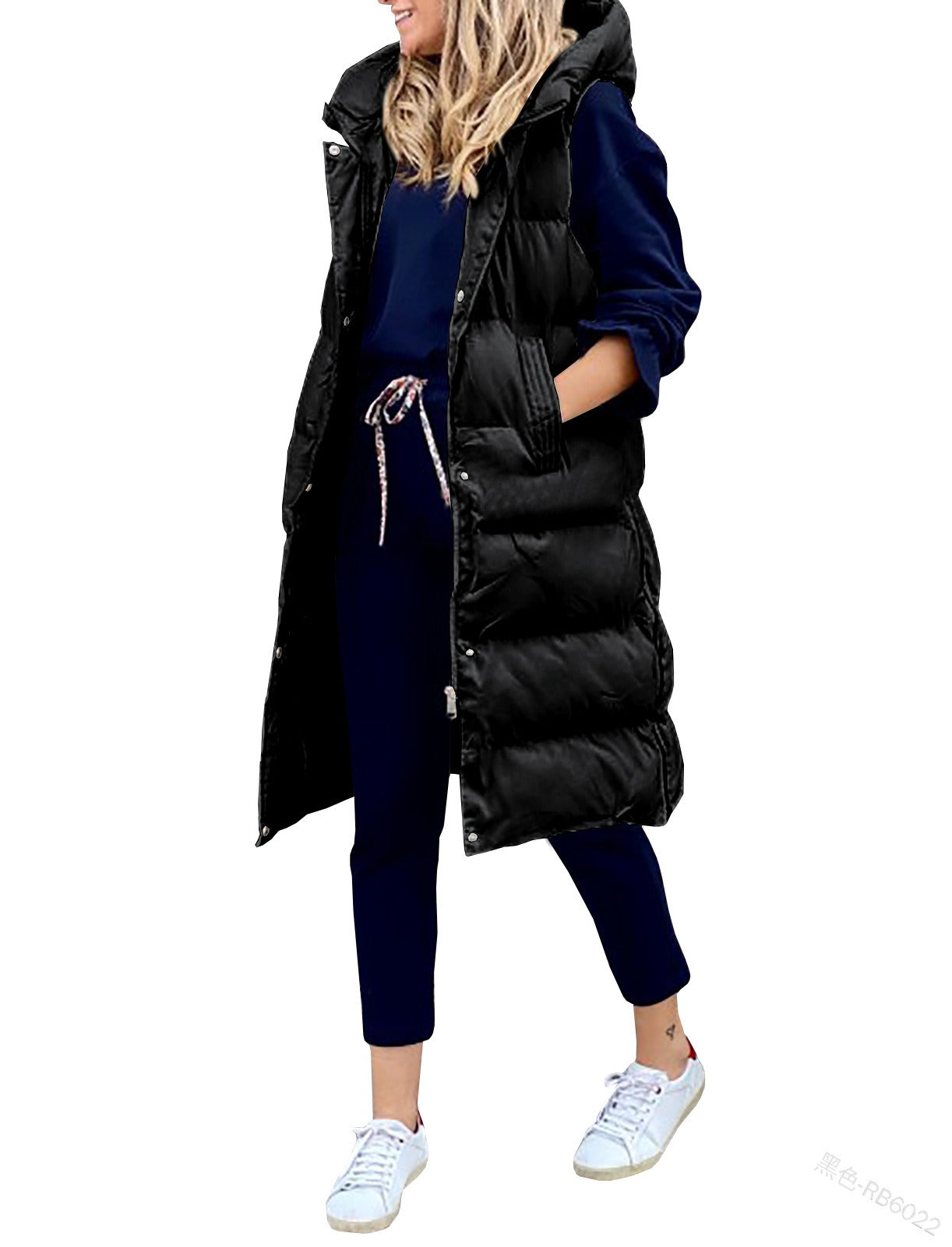 Solid Hooded Long Cotton Vest Casual Fashion Single Breasted Sleeveless Coat Women