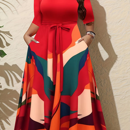 Plus Size Women'S Elegant V-Neck Dress with Contrast Print, 3/4 Sleeve Long Tunic Dress with Pockets and Adjustable Waist Belt - Perfect for Casual Outings, Spring/Summer/Fall, Casual Outing Attire|Vibrant Print Dress|Pockets