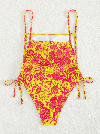 1pc Women'S Floral Print One-Piece Swimsuit with Drawstring Side - Vibrant Yellow & Pink Floral Design, High-Stretch Fabric, Perfect for Beach & Poolside, Beach Swimwear | Floral Swimwear | Highelasticity Fabric