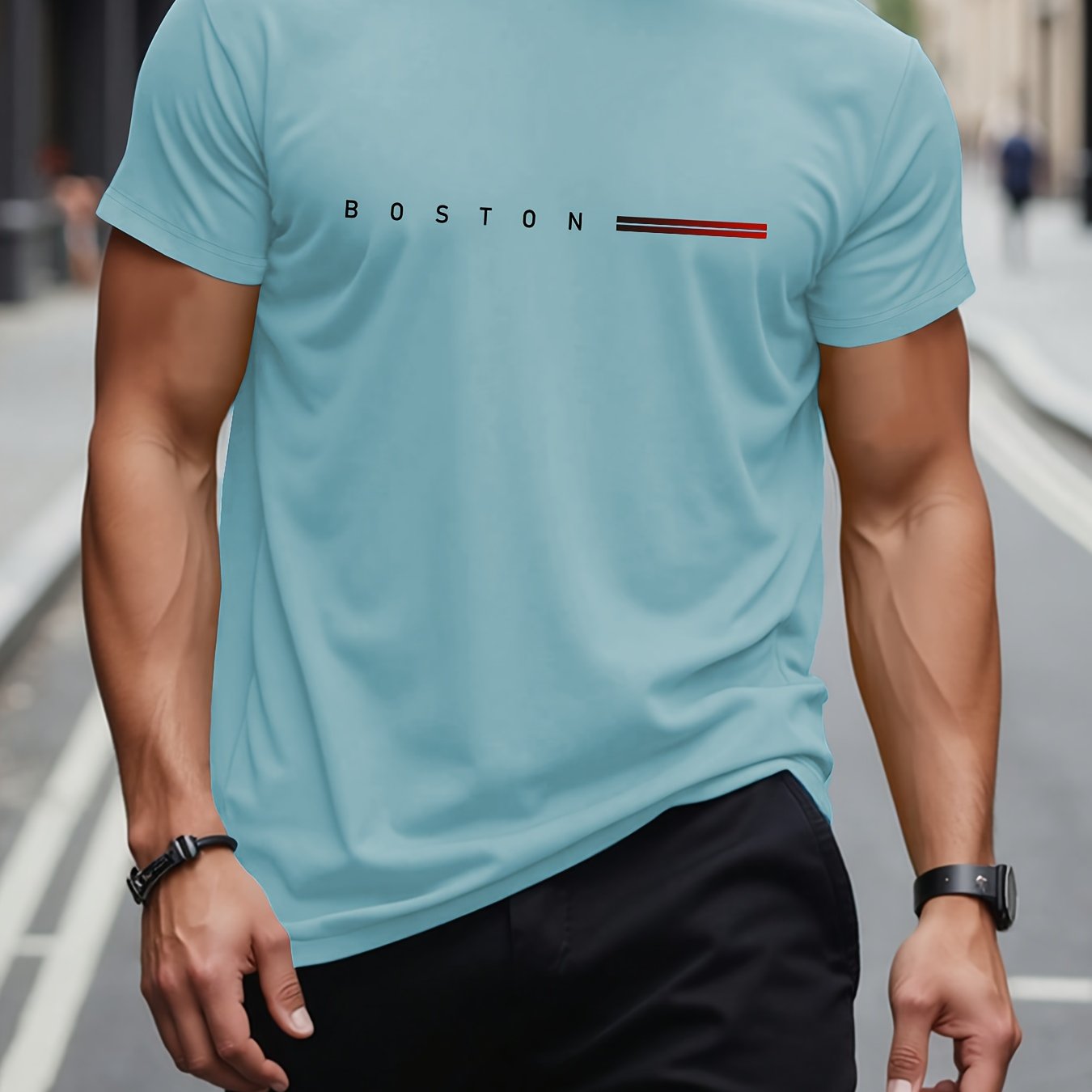 Men's 180gsm Heavyweight 100% Cotton T-Shirt with Boston Lettering Print - Casual Round Neck Short Sleeve, Regular Fit All-Season Comfort, White & Black Contrast Design for Everyday & Semi-Formal Wear - Boston-Themed Apparel