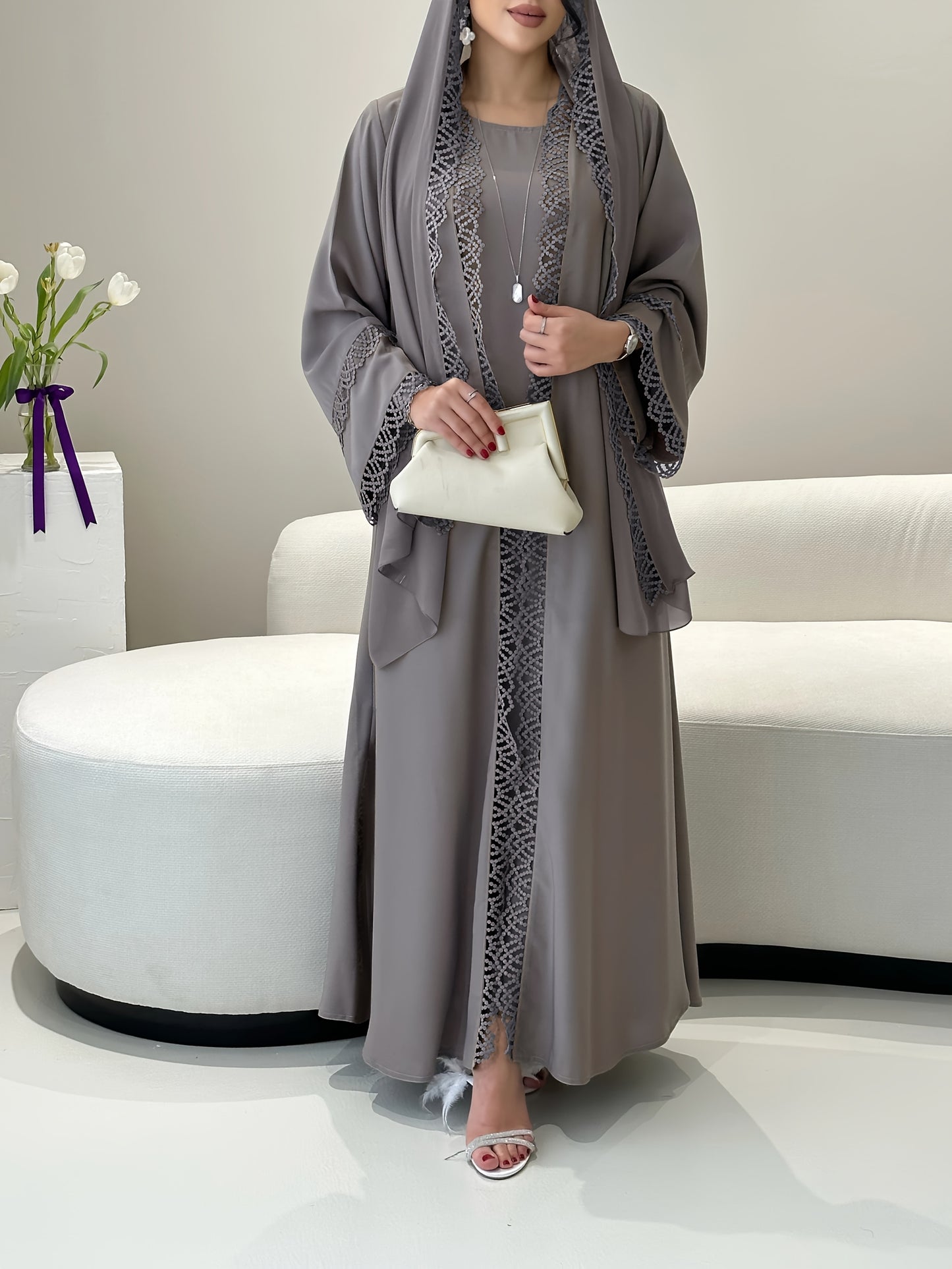 2pcs Elegant Traditional Abaya with Lace Trim and Sleeveless Vest Skirt Set, Headscarf, Long Sleeve, Solid Color, All-Season Wear, No Belt, for Ramadan, Cultural Attire|Elegant Abaya|Lace Trim Abaya, Gulf Abaya For Women Eleg