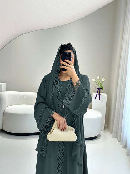 2pcs Set of Muslim Abaya with Lace Sleeveless Vest Skirt, Headscarf, and Headscarf, Ramadan Fashion