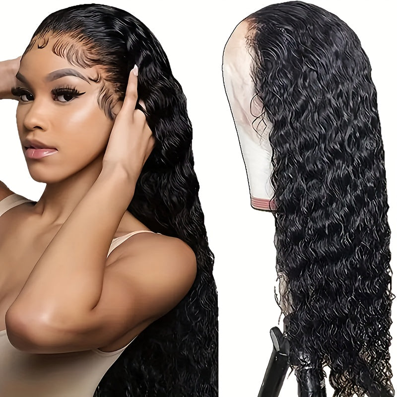 200% Density Long Curly Wave Heat Resistant 13x4 Lace Front Wig for Women - Pre-Plucked Hairline, 60.96 cm Deep Water Wave Black Synthetic Lace Frontal Wig with Transparent HD Lace, Natural Look for Everyday & Special Occasio