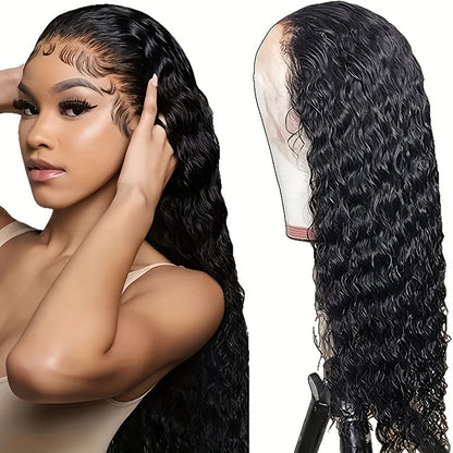 200% Density Long Curly Wave Heat Resistant 13x4 Lace Front Wig for Women - Pre-Plucked Hairline, 60.96 cm Deep Water Wave Black Synthetic Lace Frontal Wig with Transparent HD Lace, Natural Look for Everyday & Special Occasio