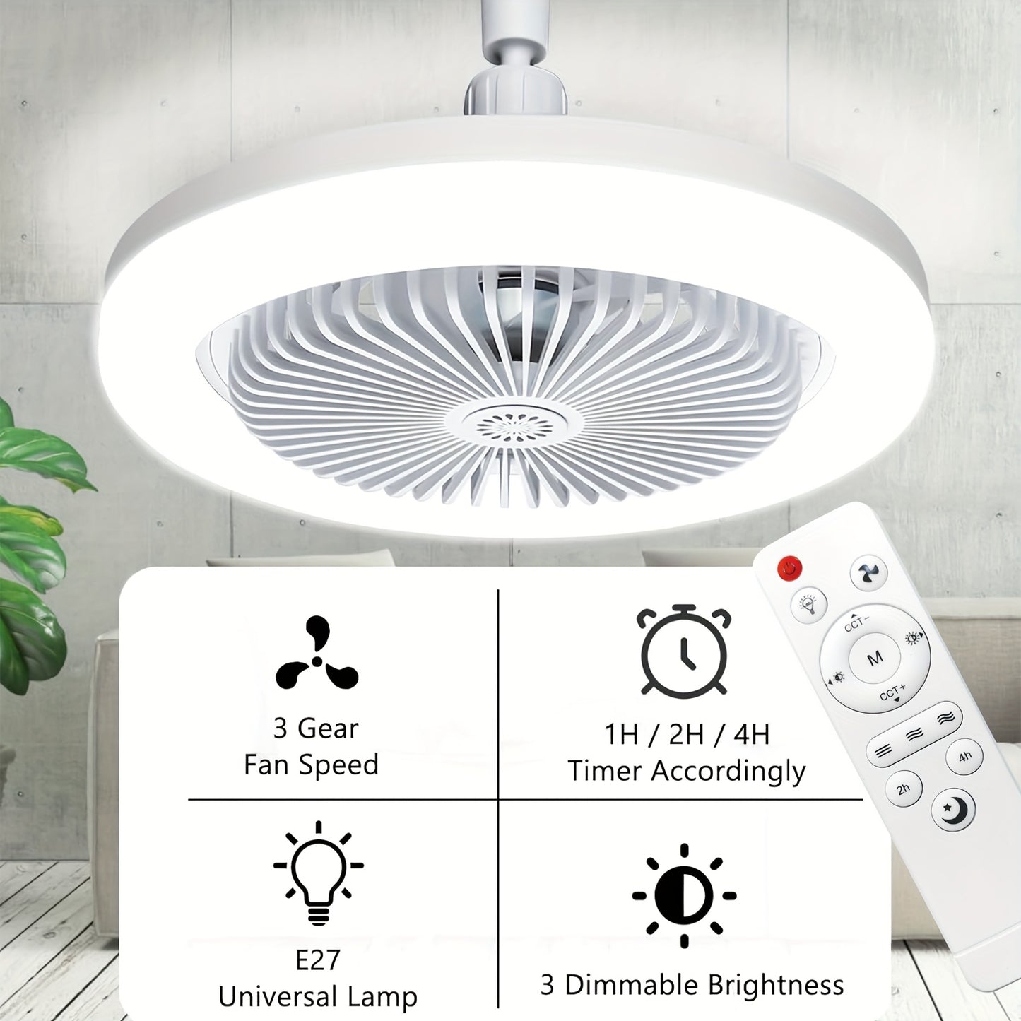 2-in-1 Multifunctional Ceiling Fan with Light, LED Fan Light, 25.4 cm Diameter, Color Matching, Infinite Dimming, and Timer Function, Suitable for Bathrooms/Bedrooms/Garages/Kitchens/Offices, Ceiling Fan Light, Bedroom Lighti