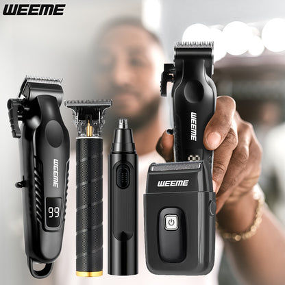 WEEME 4pcs Men'S Facial Grooming Kit: USB Fast Charging Electric Hair Clipper + T-Blade Trimmer + Shaver + Nose Hair Clipper for Shaving, Nose Hair Trimming, Carving Styling - LCD Battery Display - Perfect Gift for Father'S D