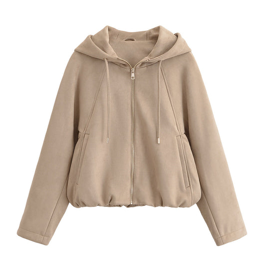 Hooded solid color zipper baseball jacket for women