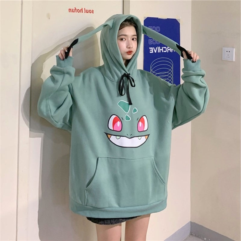 Pikachu Velvet Fleece Sweater Female Students Japanese Anime With Cap Long Section Hooded Jacket