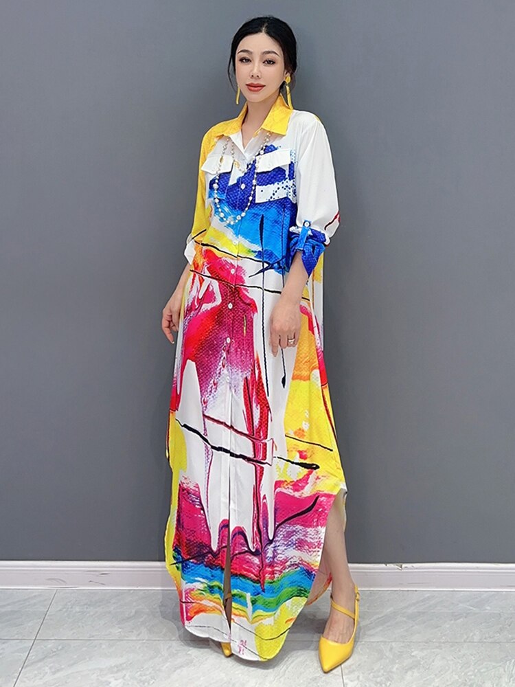 Print Fashion Asymmetrical Turn Down Collar Dress