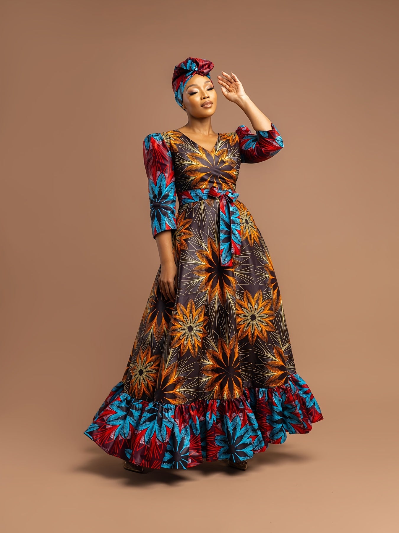 [Plus Size Floral Dress] Vibrant Plus Size Women's Floral Print Maxi Dress | Machine Washable, Fitted Long Sleeve, Front Bow Tie Waist | Spring/Fall, Ditsy Floral Print, Stylish Ruffle Detailing, Blue Red Yellow Orange Black