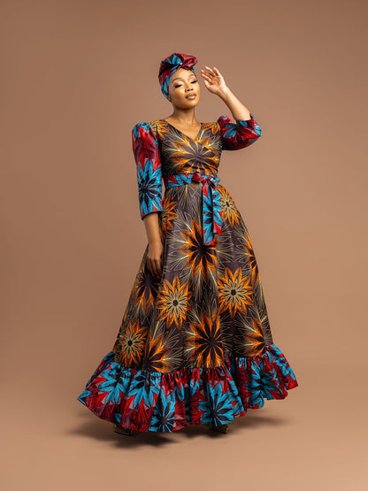 [Plus Size Floral Dress] Vibrant Plus Size Women's Floral Print Maxi Dress | Machine Washable, Fitted Long Sleeve, Front Bow Tie Waist | Spring/Fall, Ditsy Floral Print, Stylish Ruffle Detailing, Blue Red Yellow Orange Black