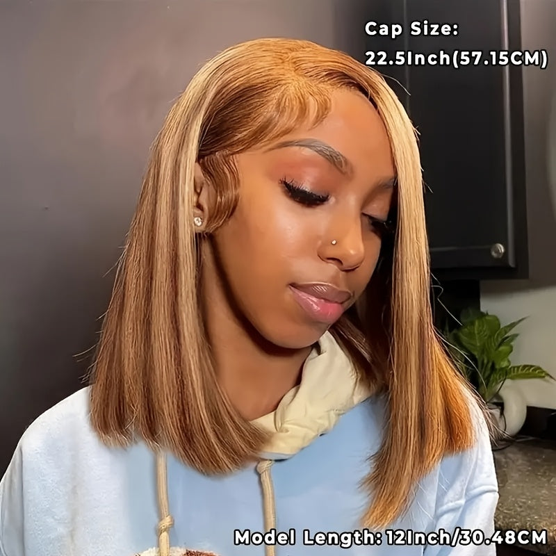Easy-Wear Glueless Bone Straight Human Hair Wig with 13x4 HD Lace Closure - Pre-Plucked & Cut, Highlight Ombre Colors, 180% Density, Ready to Go for Women of All Ethnicities, Short Hair Wig