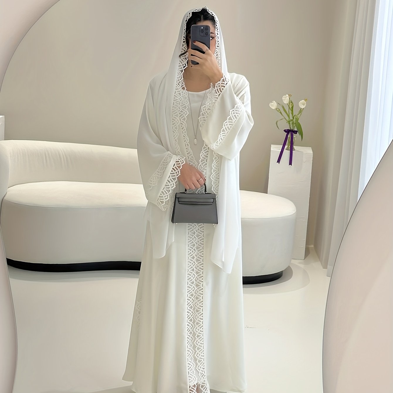 2pcs Set of Muslim Abaya with Lace Sleeveless Vest Skirt, Headscarf, and Headscarf, Ramadan Fashion