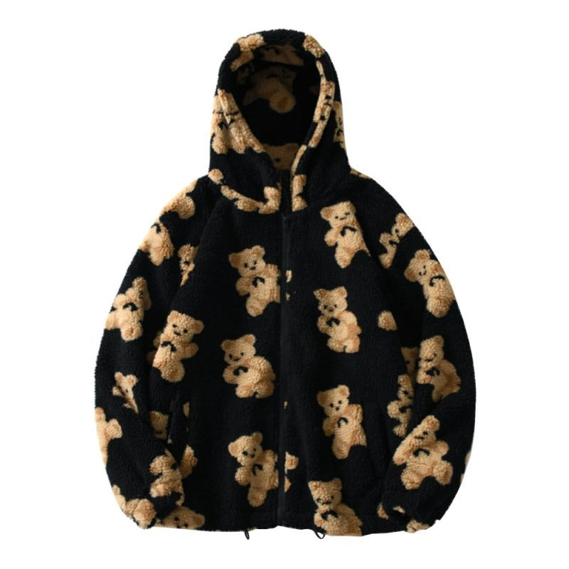 Autumn and Winter Women's Hooded Thickened Casual Sweater Cartoon Pattern Bear Zipper Pocket Plush Sweater