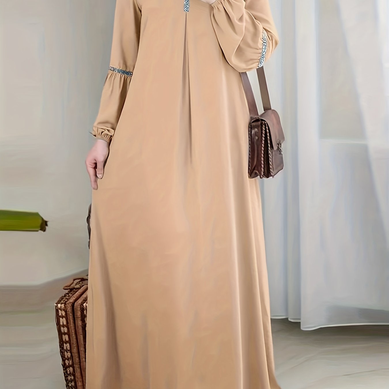 [Sequined Abaya] Sequined Long Sleeve Muslim Abaya | Middle Eastern Solid Color Casual Dress