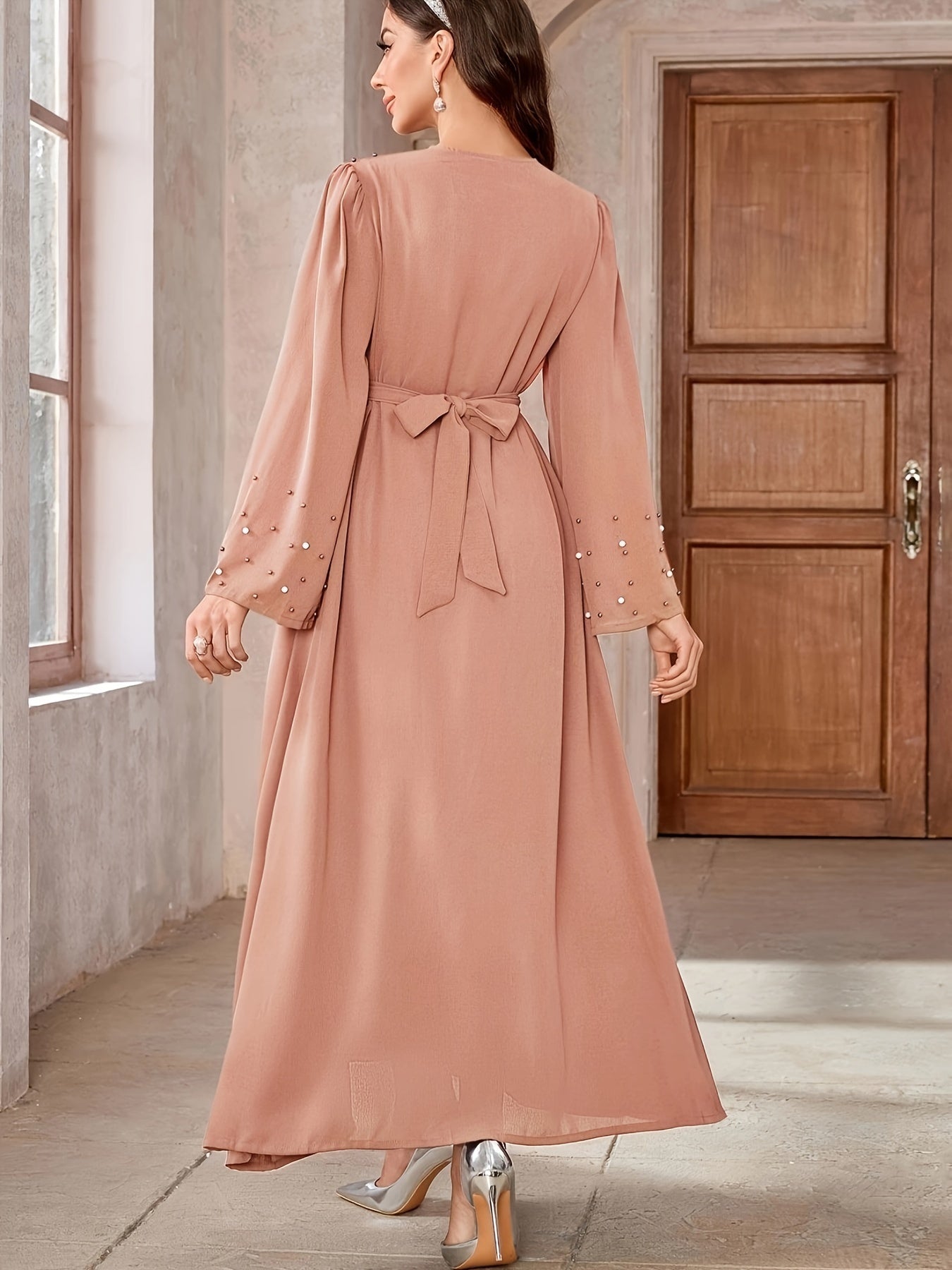 Elegant Navy Blue Abaya with Pearl Embellishments and Belt - Long Sleeve, Floor-Length Dress for Women, Perfect for Formal Occasions, Formal Attire|Elegant Abaya|Pearl Embellishments