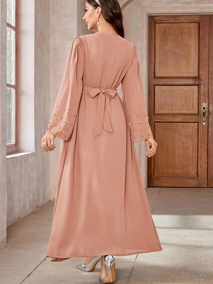 Elegant Navy Blue Abaya with Pearl Embellishments and Belt - Long Sleeve, Floor-Length Dress for Women, Perfect for Formal Occasions, Formal Attire|Elegant Abaya|Pearl Embellishments