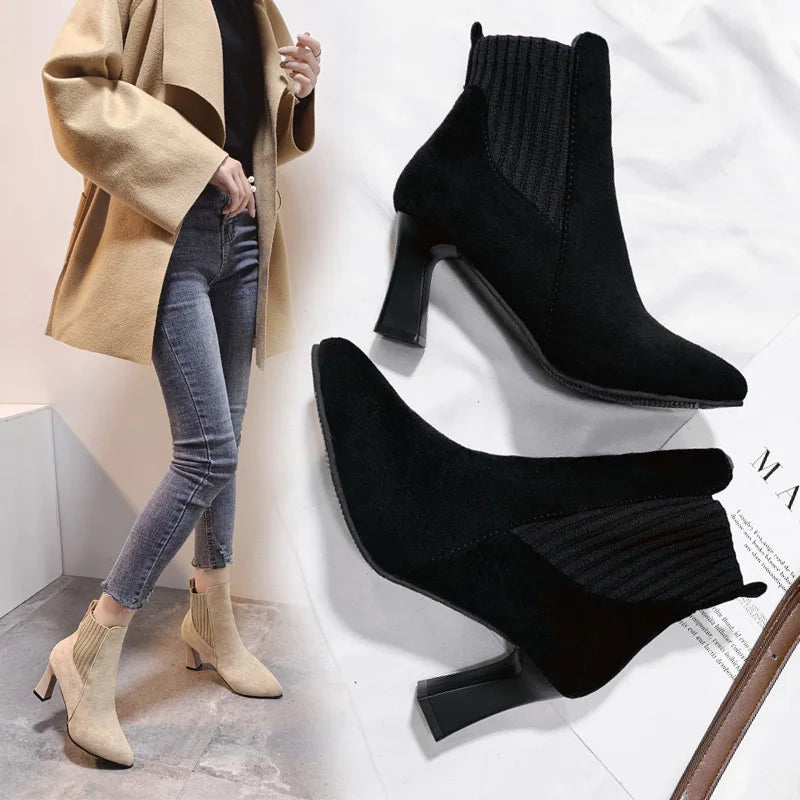 Ankle Boots Women Autumn Pointed Toe Knitted Warm Elastic Women's Shoes Shoes Casual High Heels Platform Boots