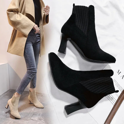 Ankle Boots Women Autumn Pointed Toe Knitted Warm Elastic Women's Shoes Shoes Casual High Heels Platform Boots