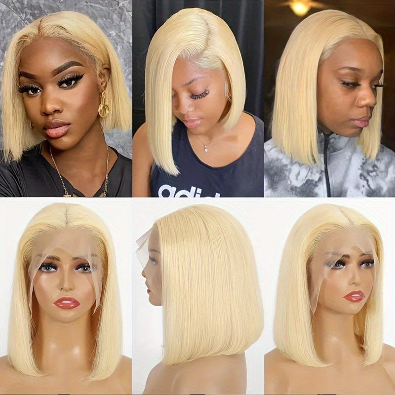 100% Human Hair Golden Blonde Short Bob Wig, 13x4 Lace Front, Breathable & Comfortable, Straight Style, 150% Density, Natural Look for Casual Attire, Natural Look Wig | Fashionable Wig | Breathable Lace Wig
