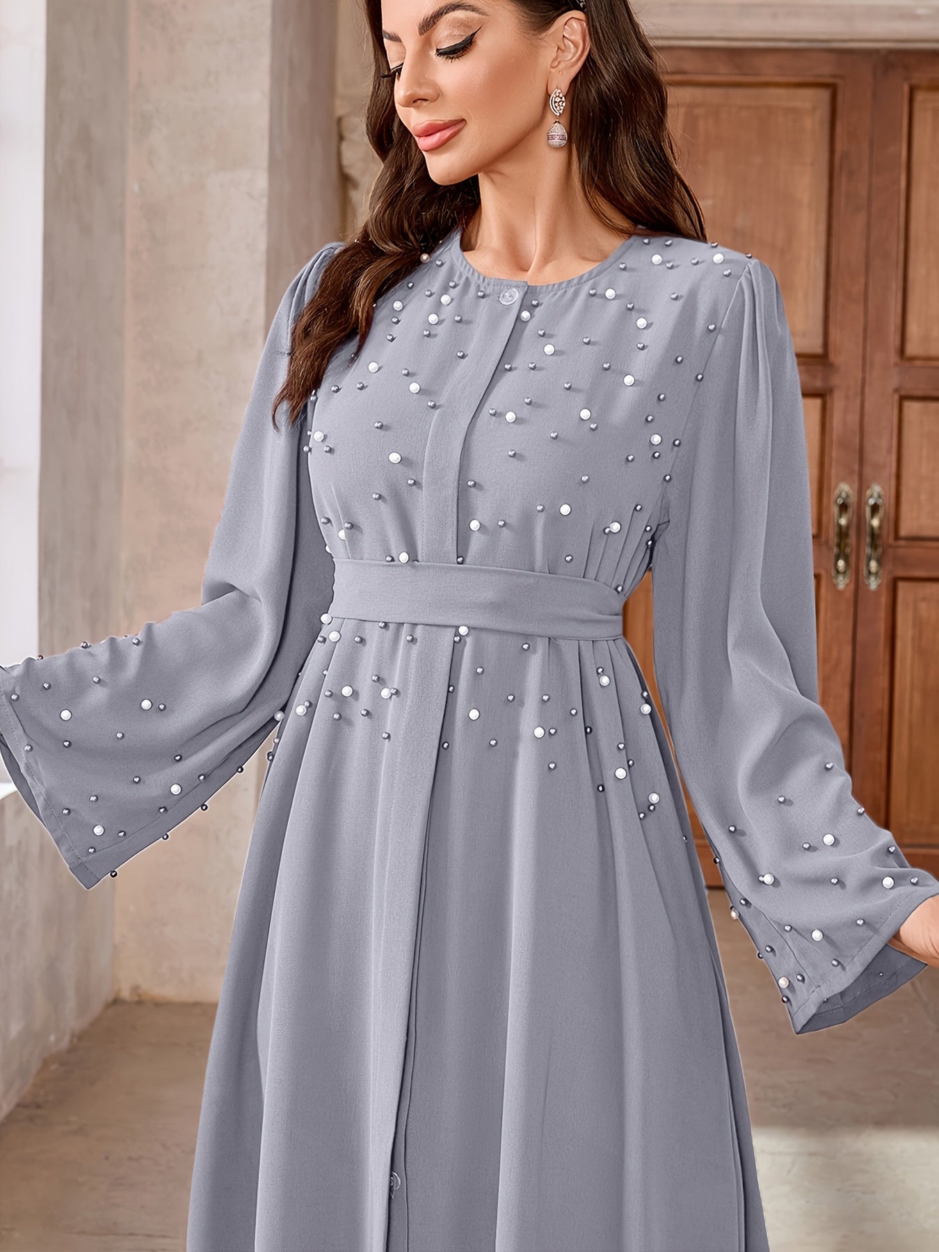 Elegant Navy Blue Abaya with Pearl Embellishments and Belt - Long Sleeve, Floor-Length Dress for Women, Perfect for Formal Occasions, Formal Attire|Elegant Abaya|Pearl Embellishments