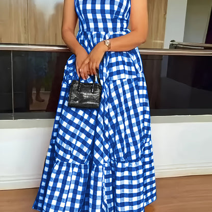 2025 New Summer Elegant Plaid Dress, Sleeveless Round Neck High Waist Multi-Layer Skirt, and Graceful, Casual Summer Wear for Vacation and Dates