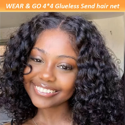 WEAR GO Glueless Wigs 100% Human Hair Pre-Plucked Pre-Cut Water Wave Bob Wig with 4x4 Lace Closure - No Glue Needed, Natural Look for Women, Short Curly Hairstyle, Easy to Style & Maintain, Short Hair Wig