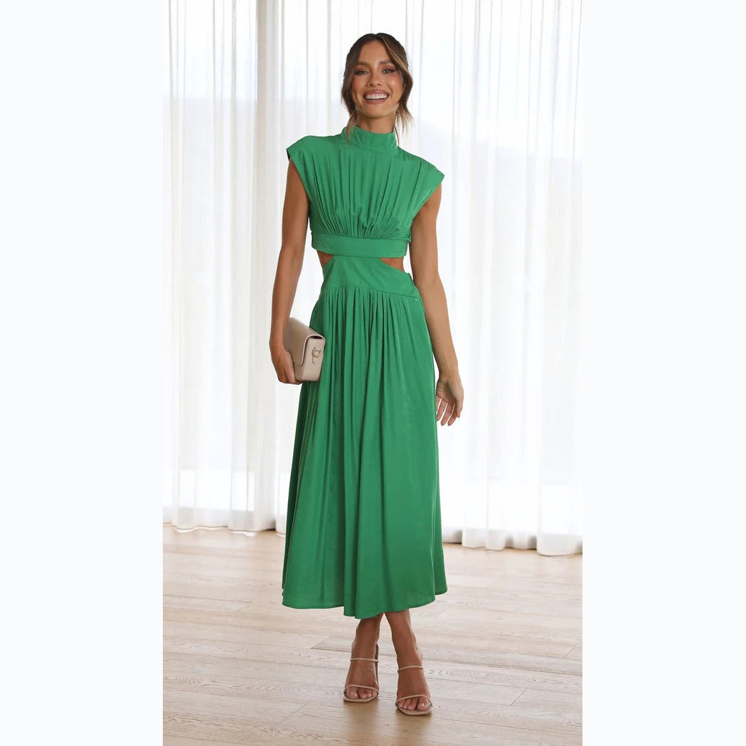 Standing collar macaron color waist length dress