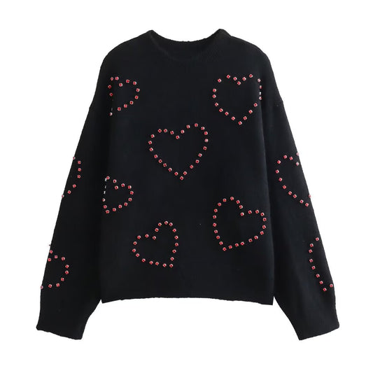 Fashionable semi high neck long sleeved nail drill black knit sweater pullover jacket