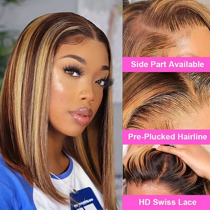 Easy-Wear Glueless Bone Straight Human Hair Wig with 13x4 HD Lace Closure - Pre-Plucked & Cut, Highlight Ombre Colors, 180% Density, Ready to Go for Women of All Ethnicities, Short Hair Wig