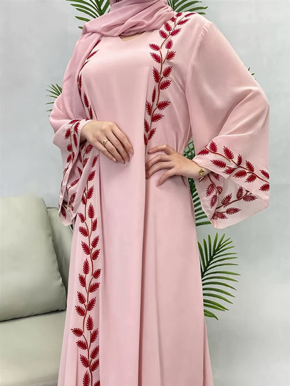 2pcs set of Middle Eastern clothing, fashionable street style, pink round collar embroidered long robe + headscarf