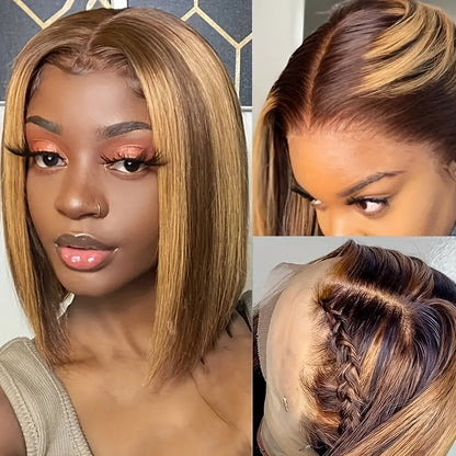 Easy-Wear Glueless Bone Straight Human Hair Wig with 13x4 HD Lace Closure - Pre-Plucked & Cut, Highlight Ombre Colors, 180% Density, Ready to Go for Women of All Ethnicities, Short Hair Wig
