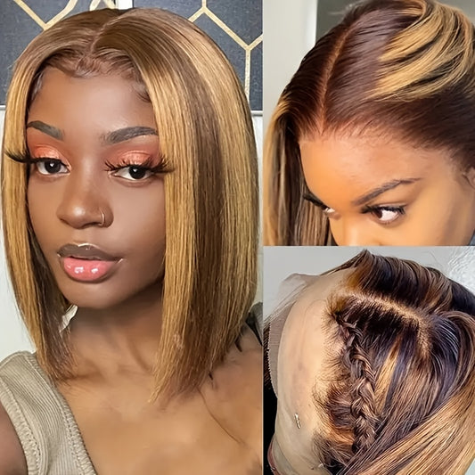 Easy-Wear Glueless Bone Straight Human Hair Wig with 13x4 HD Lace Closure - Pre-Plucked & Cut, Highlight Ombre Colors, 180% Density, Ready to Go for Women of All Ethnicities, Short Hair Wig
