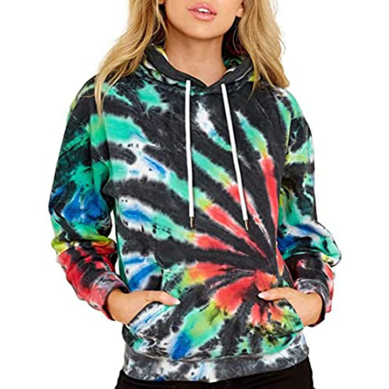 Europe and America Spring, Autumn and Winter New Women's Top Tie Dyed Hooded Long Sleeve Pocket Guards