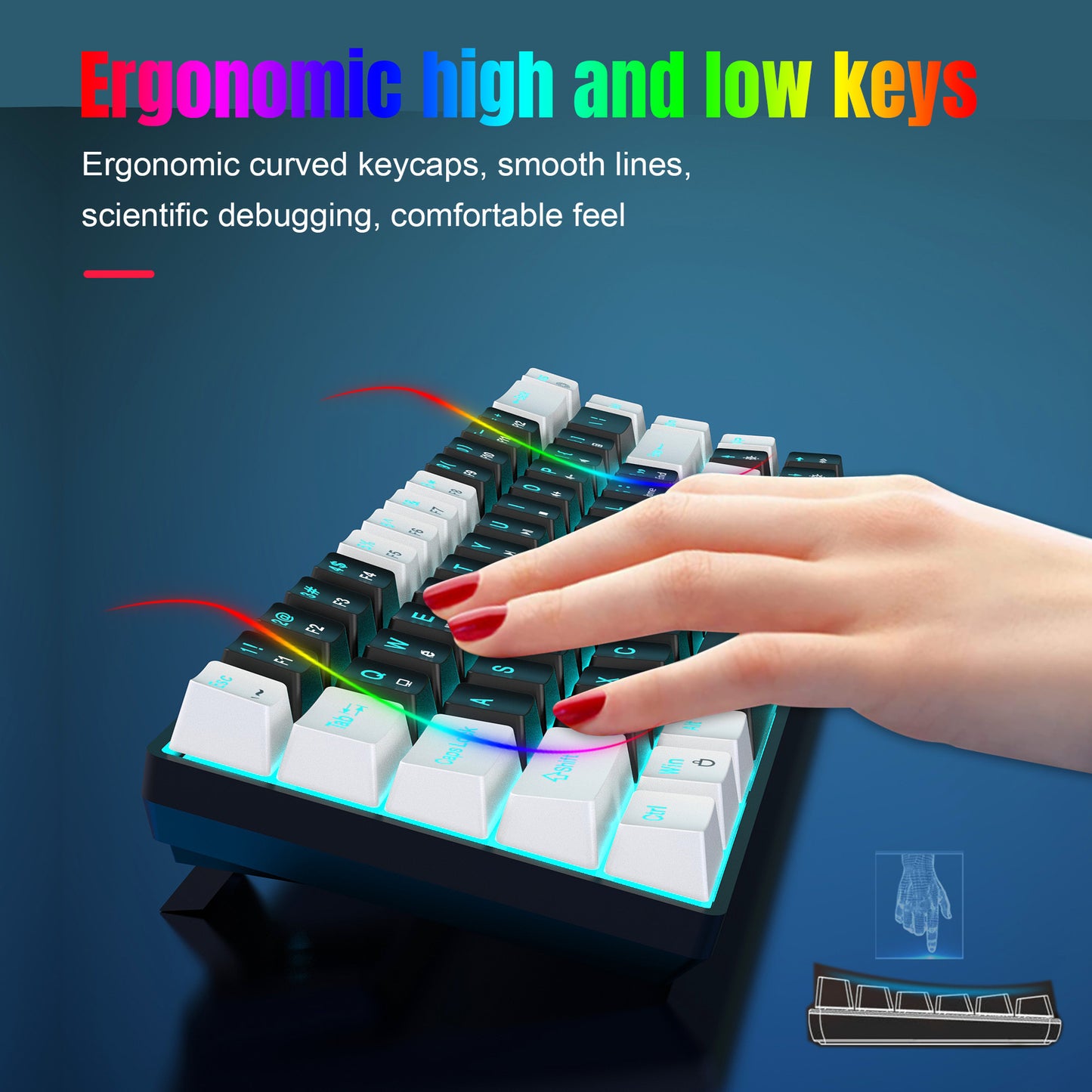 68 keys, 60% keyboard, customized color blocked keycaps, RGB mechanical keyboard, MINI set, plug-in blue axis ice blue disc