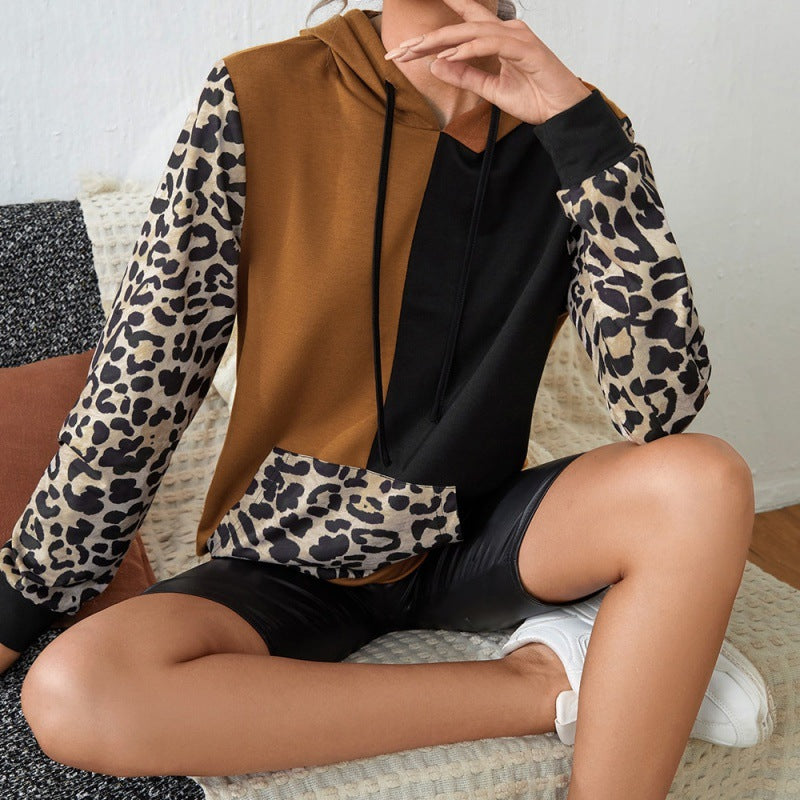 Casual leopard print color blocking long sleeved round neck hooded sweater T-shirt Loose stitch color-blocking sweater