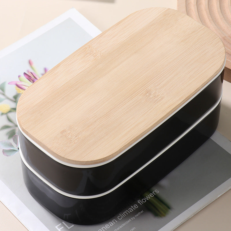 Japanese style simple bamboo lid double-layer sealed portable lunch box bento box with tableware