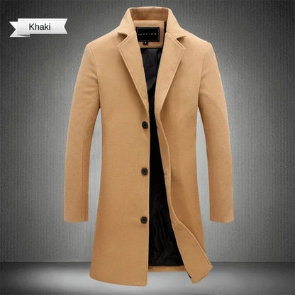 Spring Autumn New Long Cotton Coat New Wool Blend Pure Color Casual Business Fashion Men's Clothing Slim Windbreaker Jacket
