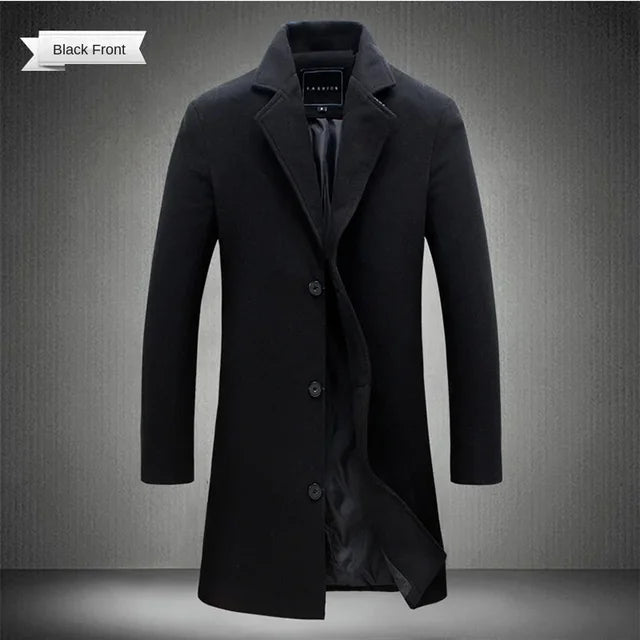 Spring Autumn New Long Cotton Coat New Wool Blend Pure Color Casual Business Fashion Men's Clothing Slim Windbreaker Jacket