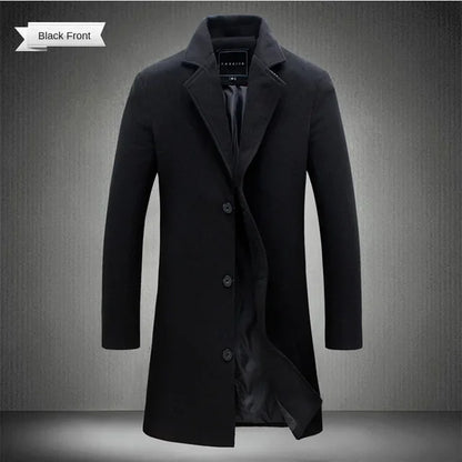 Spring Autumn New Long Cotton Coat New Wool Blend Pure Color Casual Business Fashion Men's Clothing Slim Windbreaker Jacket