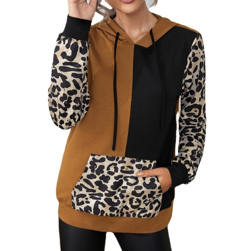 Casual leopard print color blocking long sleeved round neck hooded sweater T-shirt Loose stitch color-blocking sweater