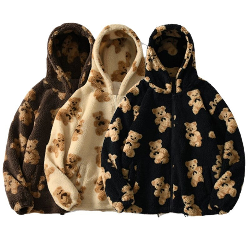 Autumn and Winter Women's Hooded Thickened Casual Sweater Cartoon Pattern Bear Zipper Pocket Plush Sweater