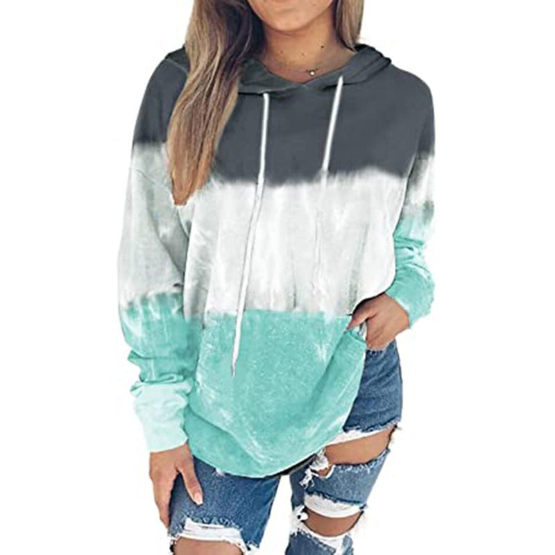 Europe and America Spring, Autumn and Winter New Women's Top Tie Dyed Hooded Long Sleeve Pocket Guards