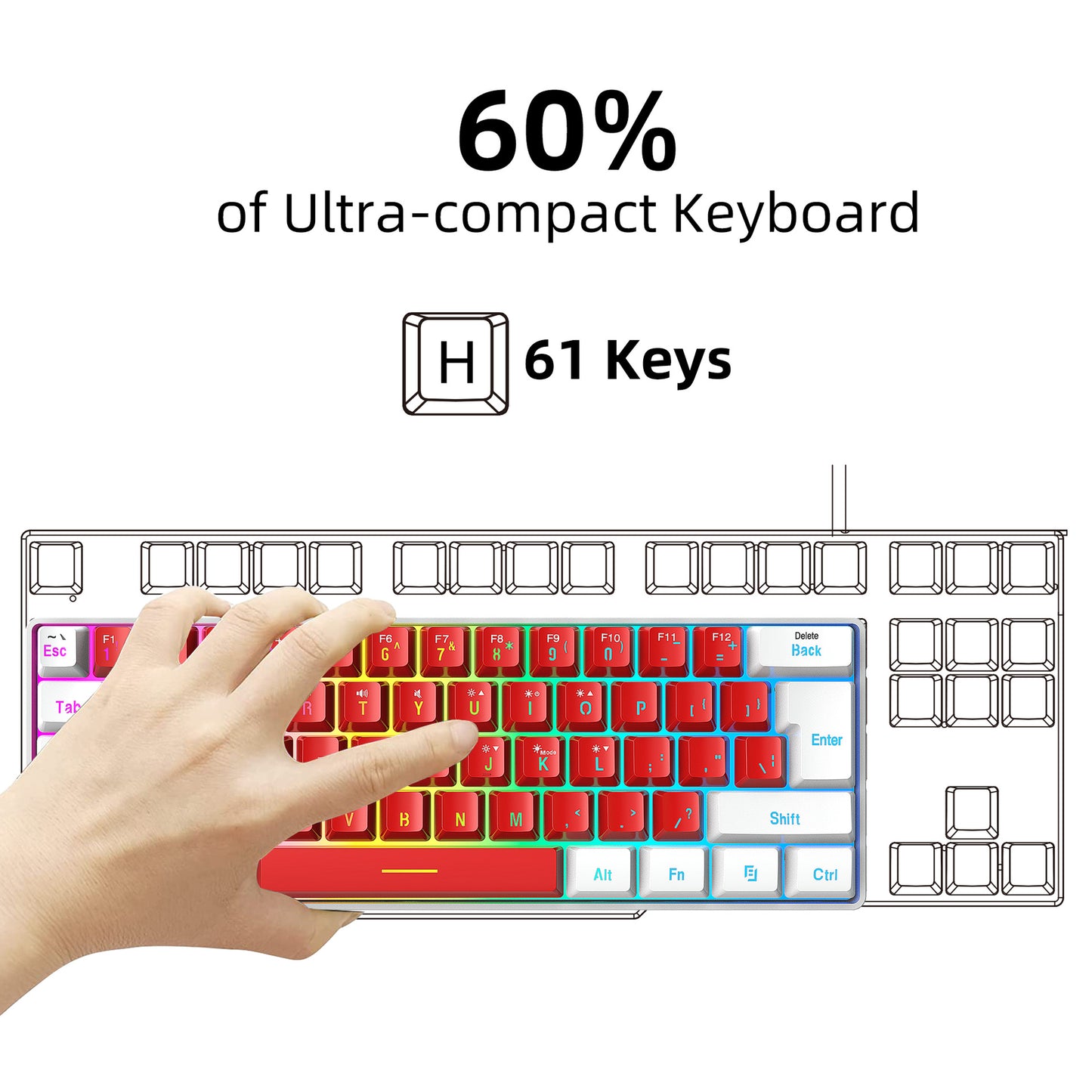 61 key keyboard with split lines, mini minimalist keyboard, compact dual color color RGB luminous film keyboard