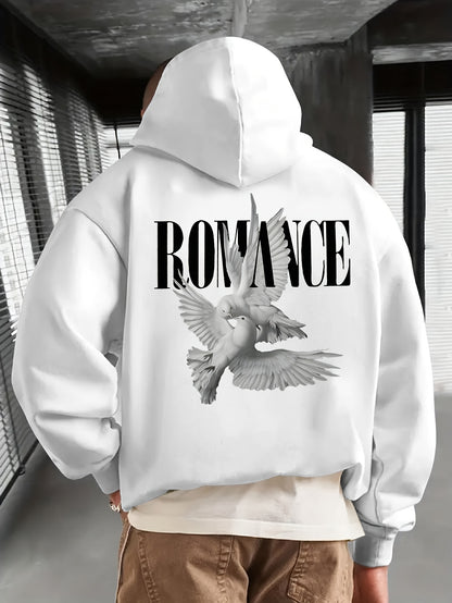 Men'S Casual Hooded Sweatshirt with "ROMANCE" Graphic Print - Loose Fit, Long Sleeve, Front Pocket, Perfect for Fall/Winter, Casual Wear Hoodie, |relaxed Fit Hoodie|front Pocket Hoodie, Sweater Hoodie