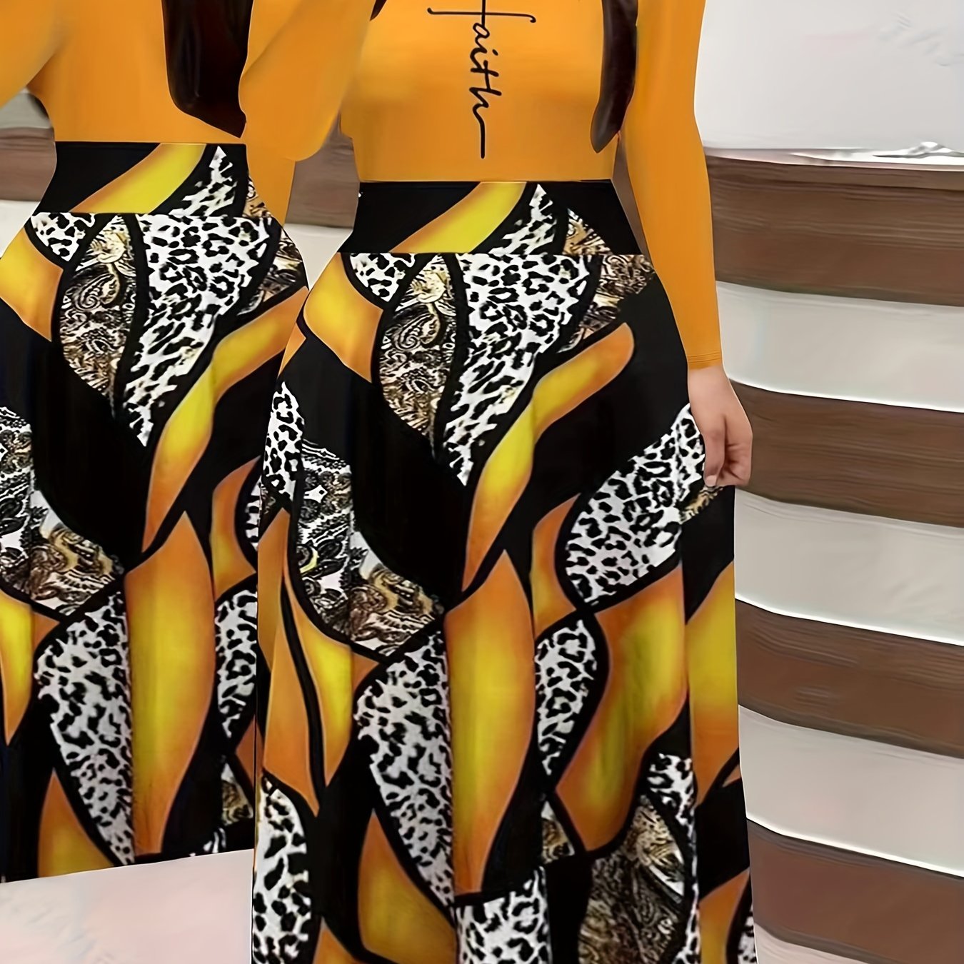 & Geo Print Dress, Casual Long Sleeve Ruffle Hem Slim Maxi Dress, Women's Clothing