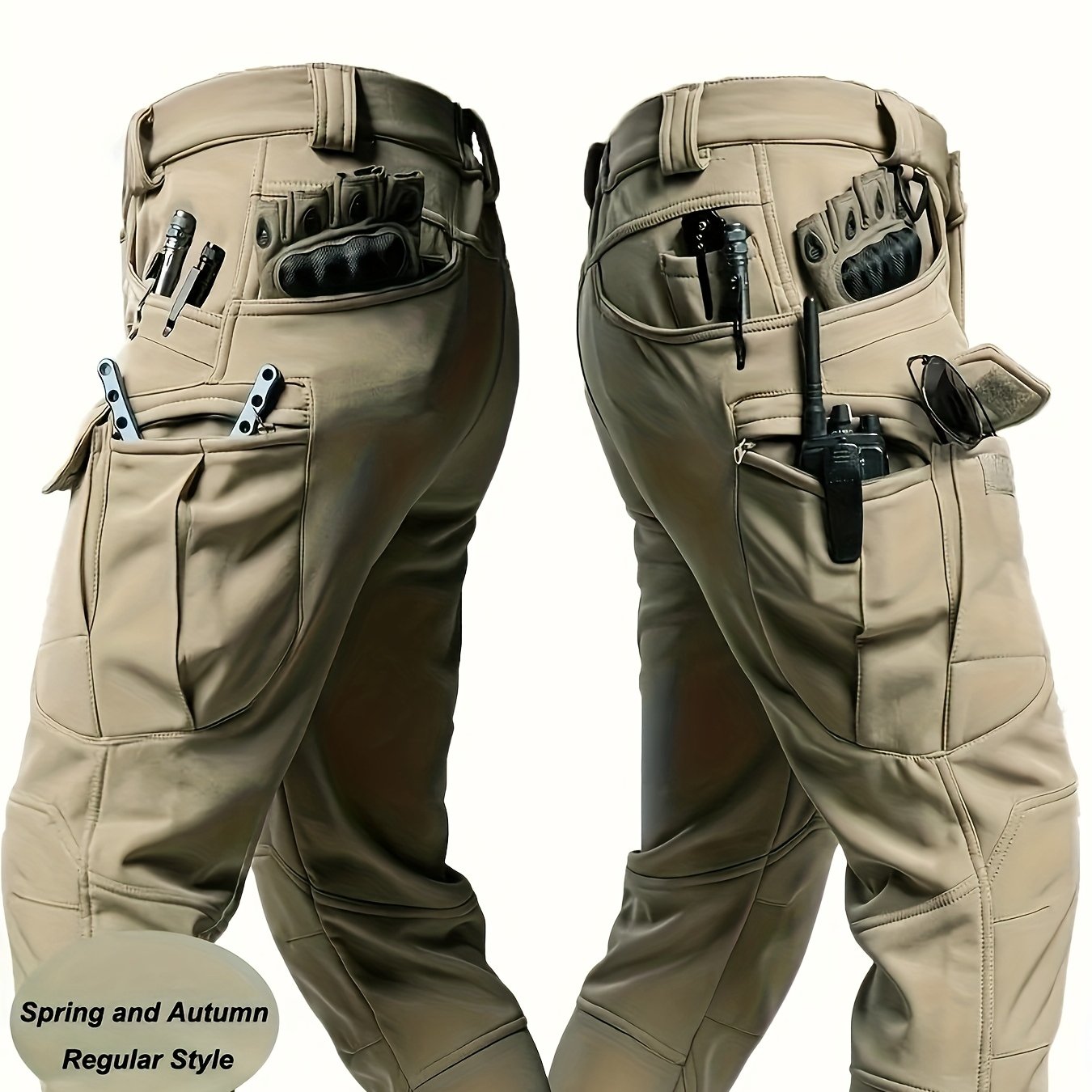 Men's Multi-Pocket Work Pants - Men's Outdoor Casual Tactical Trousers - 90.7% Polyester, 9.3% Spandex - Durable Fabric with Elastic Waist - Regular Fit, Machine Washable - Spring/Autumn Casual Attire Hiking Longs